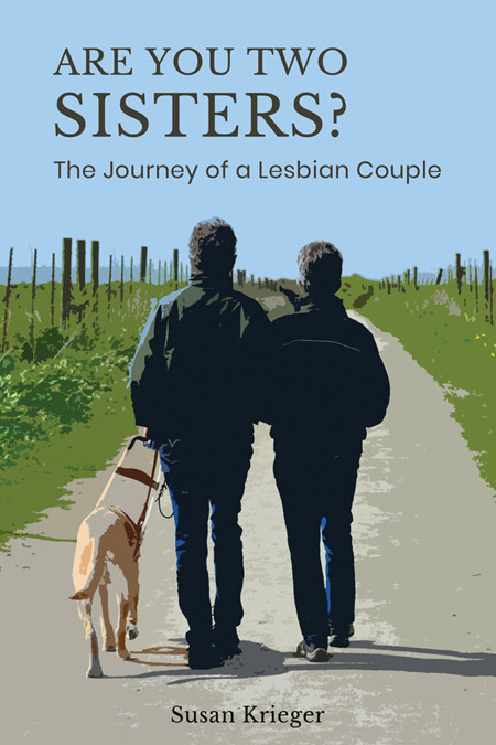 Book cover showing two women and a guide dog on a coastal path.